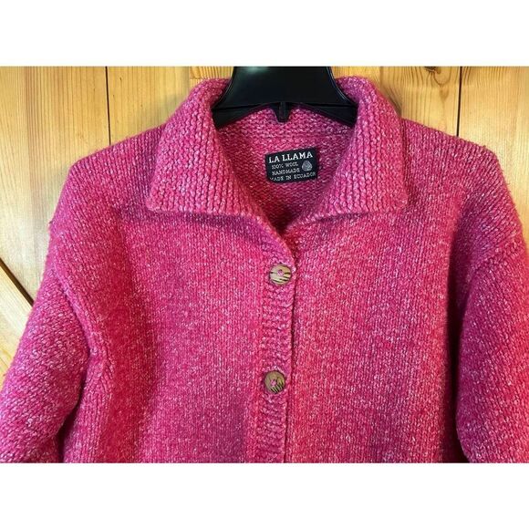 La Llama Handmade 100% Wool Button Up Cardigan Pink READ Size L/XL (5366) - Picture 2 of 6